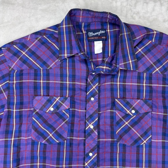 Vtg Wrangler Plaid Western Pearl Snap Shirt Mens XL XLong Tails Short Sleeve - Picture 2 of 9